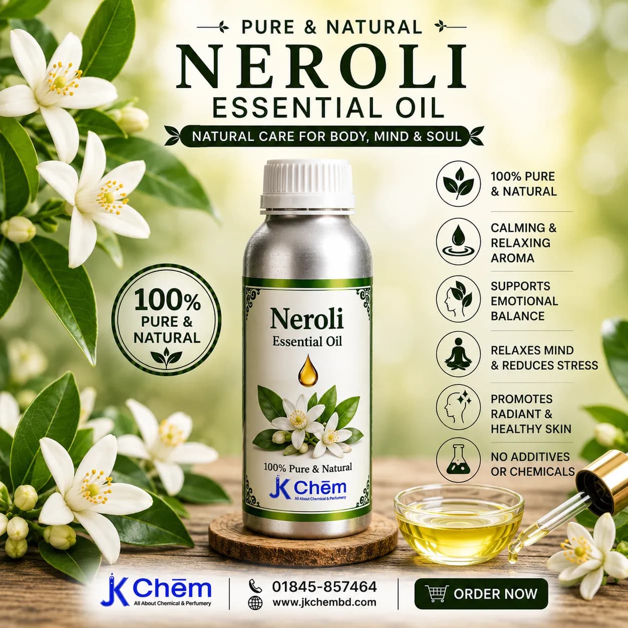  Neroli Essential Oil (নেরোলি এসেনশিয়াল অয়েল) | Premium Pure Neroli Essential Oil for Skincare, Hair Care, Aromatherapy & Perfumery